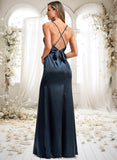 Desiree A-line V-Neck Floor-Length Stretch Satin Bridesmaid Dress STKP0025734