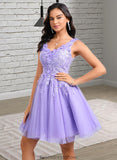 Jewel Ball-Gown/Princess V-Neck Short Lace Tulle Homecoming Dress With Flower STKP0025656