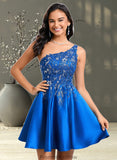 Aliyah A-line One Shoulder Short Satin Homecoming Dress With Appliques Lace Sequins STKP0025657