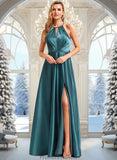 Kassandra A-line Halter Floor-Length Stretch Satin Bridesmaid Dress STKP0025731