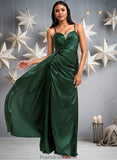 Kaylah A-line V-Neck Floor-Length Stretch Satin Bridesmaid Dress STKP0025745