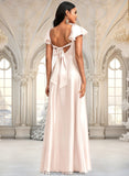 Cali A-line V-Neck Floor-Length Stretch Satin Bridesmaid Dress With Bow STKP0025759