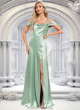 Pat A-line Cowl Cold Shoulder Floor-Length Stretch Satin Bridesmaid Dress With Bow Ruffle STKP0025807