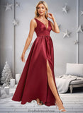 Ansley A-line V-Neck Floor-Length Satin Bridesmaid Dress STKP0025775