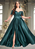 Abbie A-line Off the Shoulder Floor-Length Satin Prom Dresses With Pleated STKP0025851