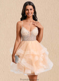 Pat Ball-Gown/Princess V-Neck Short Tulle Homecoming Dress With Beading Sequins STKP0025646