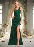 Jaelyn A-line V-Neck Floor-Length Stretch Satin Bridesmaid Dress STKP0025746