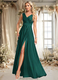 Cara A-line V-Neck Floor-Length Satin Prom Dresses STKP0025877