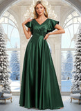 Sydney A-line V-Neck Floor-Length Satin Bridesmaid Dress With Ruffle STKP0025777