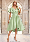 Lauren A-line V-Neck Asymmetrical Satin Bridesmaid Dress With Ruffle STKP0025776