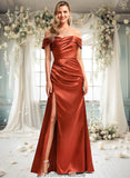 Adeline A-line Off the Shoulder Floor-Length Stretch Satin Bridesmaid Dress STKP0025757