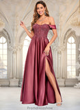 Haleigh A-line Off the Shoulder Floor-Length Satin Lace Prom Dresses With Sequins STKP0025841