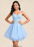 Liana A-line V-Neck Short Lace Tulle Homecoming Dress With Rhinestone Sequins STKP0025658