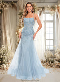 Sydnee Trumpet/Mermaid Straight Sweep Train Tulle Prom Dresses With Flower STKP0025866