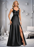 Patsy A-line V-Neck Floor-Length Stretch Satin Prom Dresses With Bow STKP0025882