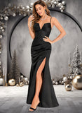 Gloria Trumpet/Mermaid V-Neck Floor-Length Satin Prom Dresses STKP0025862