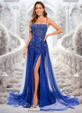 Valentina Trumpet/Mermaid Straight Sweep Train Tulle Sequin Prom Dresses With Sequins Appliques Lace STKP0025857