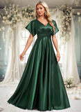 Tia A-line V-Neck Floor-Length Stretch Satin Bridesmaid Dress STKP0025782