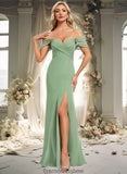 Destinee Trumpet/Mermaid Off the Shoulder V-Neck Floor-Length Chiffon Bridesmaid Dress STKP0025810