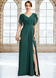 Tamia Sheath/Column V-Neck Floor-Length Chiffon Mother of the Bride Dress With Beading Pleated STKP0021949