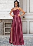 Alexa A-line V-Neck Floor-Length Satin Prom Dresses STKP0022197