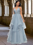 Rachael Ball-Gown/Princess Halter V-Neck Floor-Length Tulle Prom Dresses With Beading Rhinestone Sequins STKP0022199