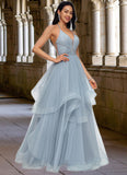 Rachael Ball-Gown/Princess Halter V-Neck Floor-Length Tulle Prom Dresses With Beading Rhinestone Sequins STKP0022199