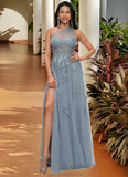 Marissa A-line One Shoulder Floor-Length Tulle Prom Dresses With Appliques Lace Sequins STKP0022200