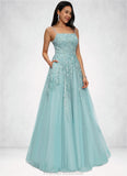 Abbey Ball-Gown/Princess Straight Floor-Length Tulle Prom Dresses With Appliques Lace Sequins STKP0022206