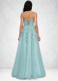 Abbey Ball-Gown/Princess Straight Floor-Length Tulle Prom Dresses With Appliques Lace Sequins STKP0022206