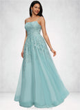 Abbey Ball-Gown/Princess Straight Floor-Length Tulle Prom Dresses With Appliques Lace Sequins STKP0022206