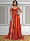 Emelia A-line Off the Shoulder Sweep Train Satin Prom Dresses With Rhinestone STKP0022208