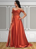 Emelia A-line Off the Shoulder Sweep Train Satin Prom Dresses With Rhinestone STKP0022208