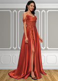 Emelia A-line Off the Shoulder Sweep Train Satin Prom Dresses With Rhinestone STKP0022208