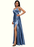 Toni Sheath/Column V-Neck Floor-Length Stretch Satin Prom Dresses With Pleated STKP0022214