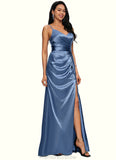 Toni Sheath/Column V-Neck Floor-Length Stretch Satin Prom Dresses With Pleated STKP0022214