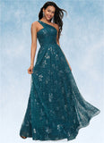 Savanna A-line Asymmetrical Floor-Length Lace Prom Dresses With Sequins STKP0022219