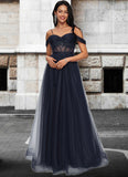 Monserrat Ball-Gown/Princess Off the Shoulder Floor-Length Tulle Prom Dresses With Appliques Lace Sequins STKP0022221