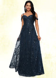 Abbie A-line V-Neck Floor-Length Lace Prom Dresses With Sequins STKP0022222