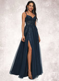 Elena A-line V-Neck Floor-Length Tulle Prom Dresses With Sequins STKP0022224