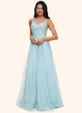 Britney A-line V-Neck Floor-Length Tulle Prom Dresses With Rhinestone Appliques Lace Sequins STKP0022225