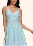 Britney A-line V-Neck Floor-Length Tulle Prom Dresses With Rhinestone Appliques Lace Sequins STKP0022225