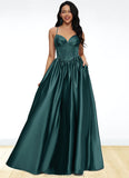 Selena Ball-Gown/Princess V-Neck Floor-Length Satin Prom Dresses With Pleated STKP0022230