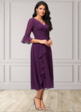 Rubi A-line V-Neck Tea-Length Chiffon Cocktail Dress With Ruffle STKP0022236