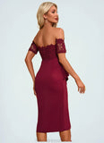 Ayana Flower Ruffle Off the Shoulder Elegant Sheath/Column Lace Polyester Asymmetrical Dresses STKP0022276