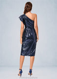 Kierra Sheath/Column One Shoulder Knee-Length Sequin Cocktail Dress With Ruffle Sequins STKP0022330