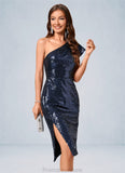 Kierra Sheath/Column One Shoulder Knee-Length Sequin Cocktail Dress With Ruffle Sequins STKP0022330