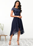 Aryanna A-line Scoop Asymmetrical Chiffon Lace Cocktail Dress With Cascading Ruffles STKP0022334