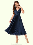 Tianna A-line V-Neck Tea-Length Silky Satin Cocktail Dress With Pleated Ruffle STKP0022341