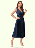 Tianna A-line V-Neck Tea-Length Silky Satin Cocktail Dress With Pleated Ruffle STKP0022341